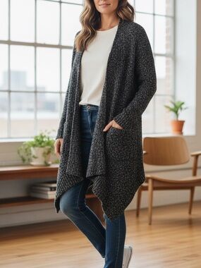Black Open-Front Longline Women's Sweater Cardigan